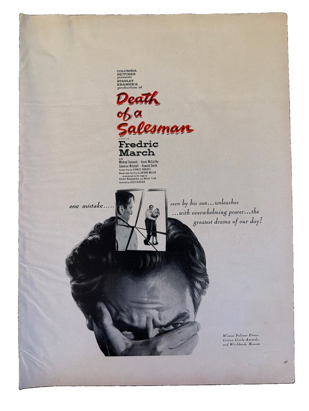 1952 Death Of A Salesman Movie Print Ad Columbia Pictures Tragedy Playwright